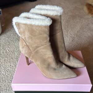 Tan Suede Ankle Boots with Faux Fur Trim